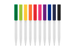 Bolígrafo CROMA II Plástico. Cuerpo blanco y clip de diferentes colores. Bolígrafo retráctil. Clip plástico de colores. Tinta negra. Sistema de botón push para destapar. Amplia área de impresión.