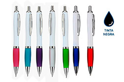 Bolígrafo BREMEN WHITE-N retráctil, tinta Negra. Cuerpo blanco, grip de goma en colores, detalles cromados. TINTA NEGRA.