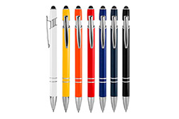 Bolígrafo TOUCH GLOSSY retráctil con pulsador touch. Cuerpo de aluminio de diferentes colores con acabado laca. Puntera, anillos, clip y detalles del pulsador en plateado brillante.
